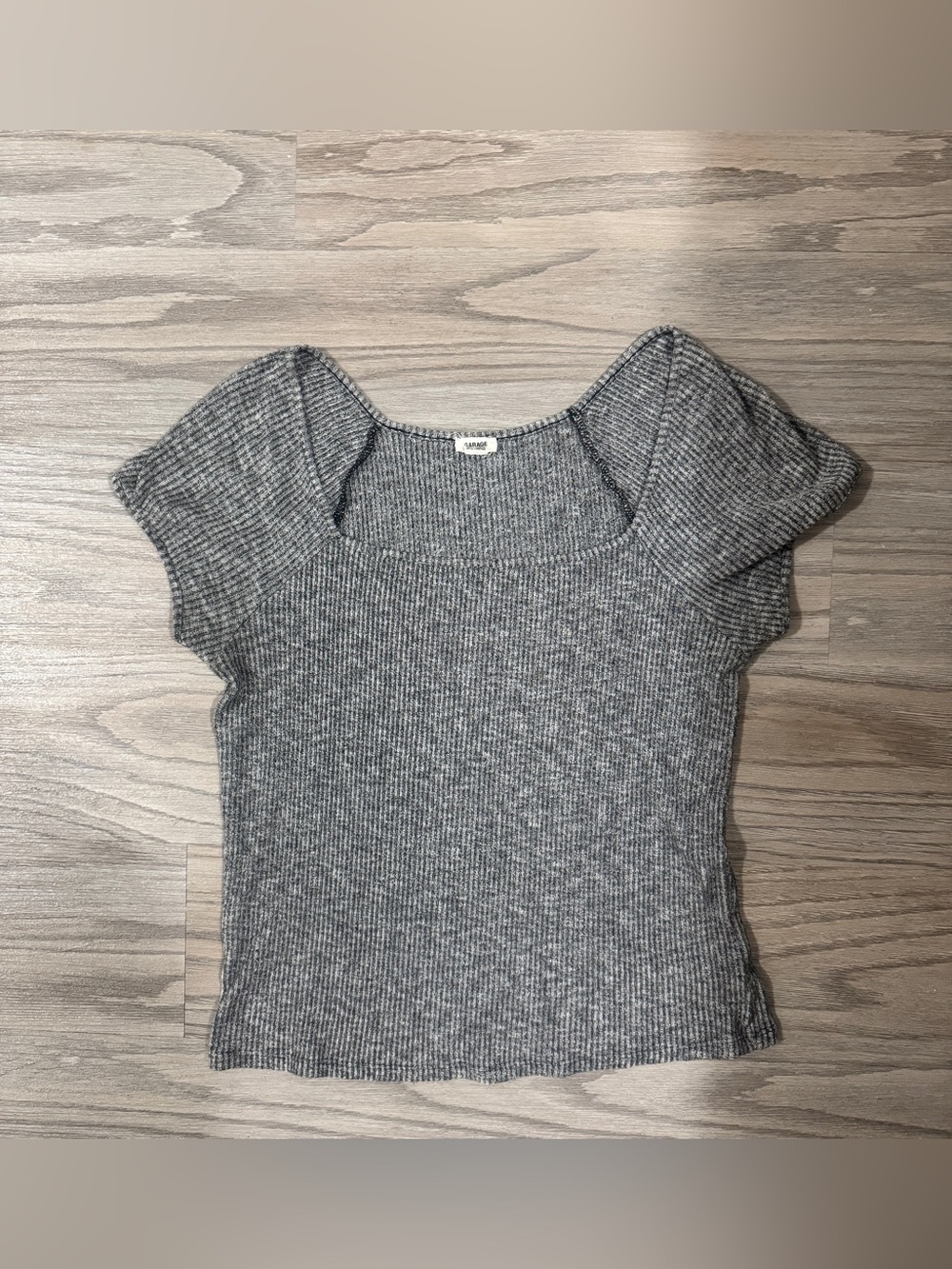 Garage Gray Ribbed Knit Top L  Fitted Cap Sleeve Square Neck Grunge Minimalist